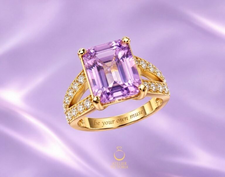 Projekt 3D pierścionka Muse Ring z ametystem i grawerem „be your own muse”